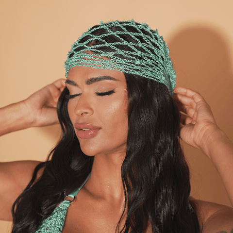 Sea emerald crochet headscarf